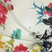 杏色底大红花弹力缎数码女春秋冬夏服装面料 多花定制