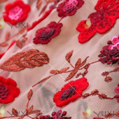 2018年新款立体玫瑰花型金片绣花面料时装礼服连衣裙亮片绣花网布